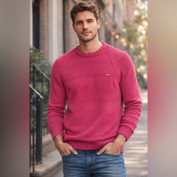 SUPREME Timeless Small Box Striped Men's Fuchsia Burgundy Hue Crewneck Sweater - Picture 2 of 5